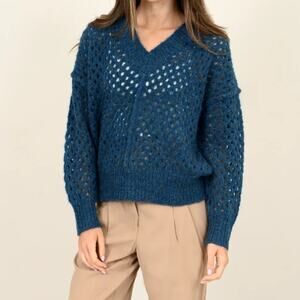 Aqua Sweater SZ M Blue Yellow Chunky Open Knit Crochet V-Neck Boho Lightweight